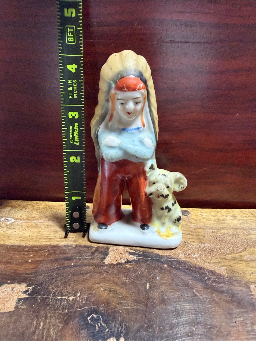 Hand-Painted Ceramic Figurine in Red and Cream — Girl with Dog Accent